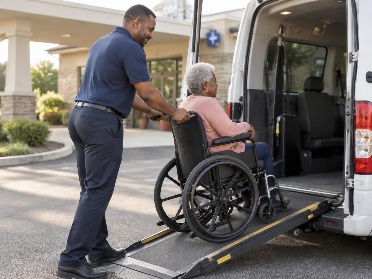 A driver helping a senior passenger in a wheelchair board an accessible van